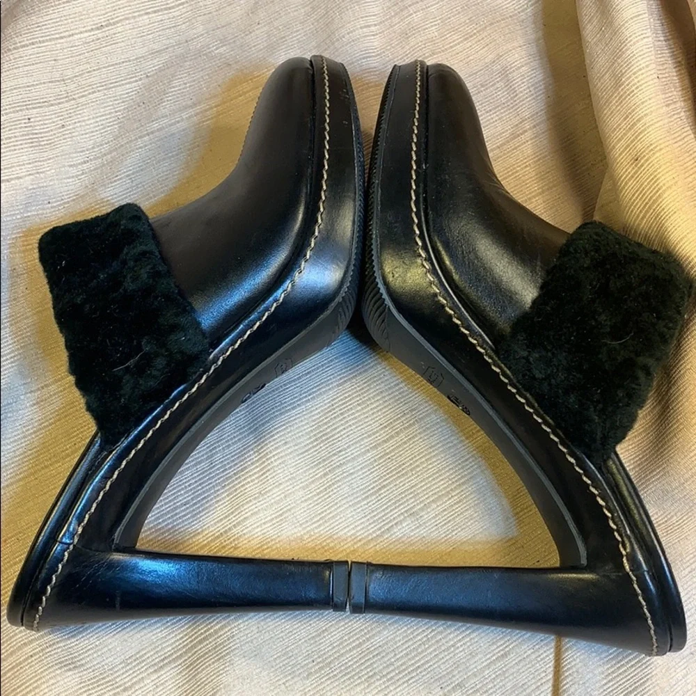 Coach leather furry heeled mules super comfortable